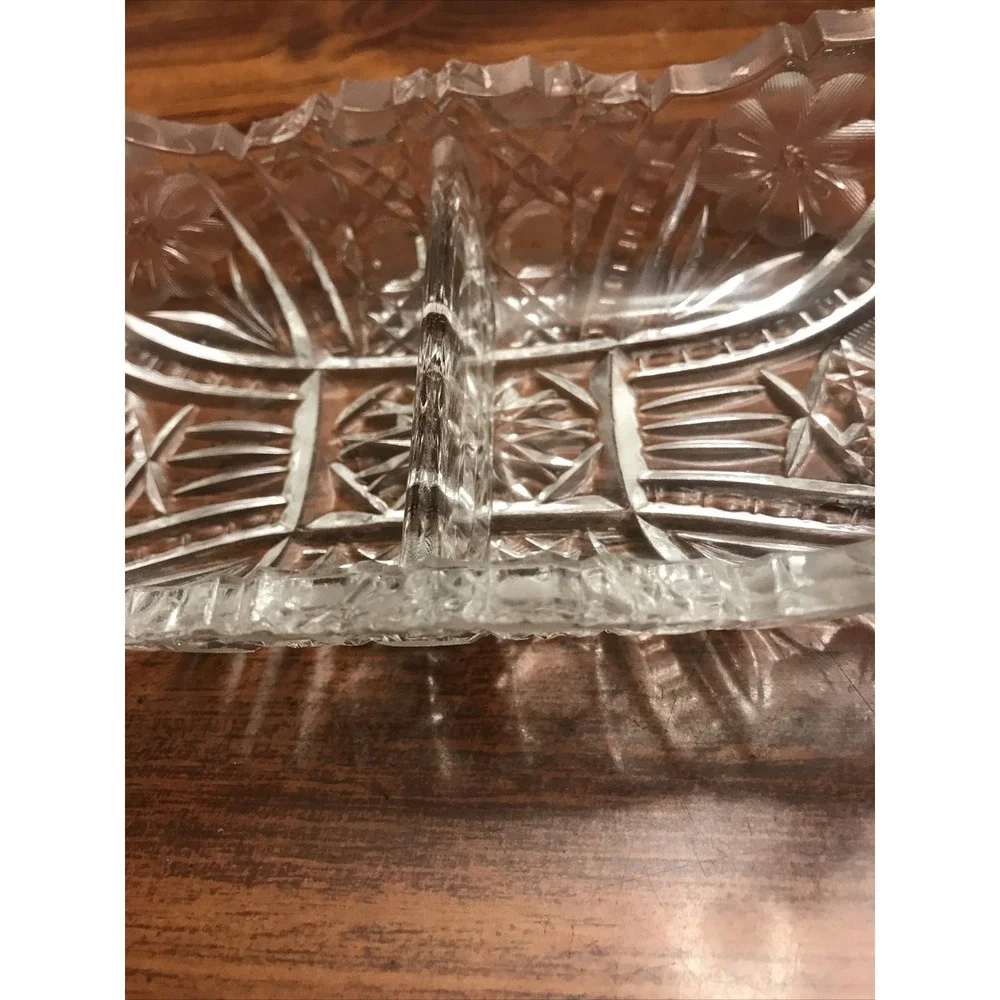 Vintage cut glass relish‎ Dish floral design Sawtooth Divided 8 In